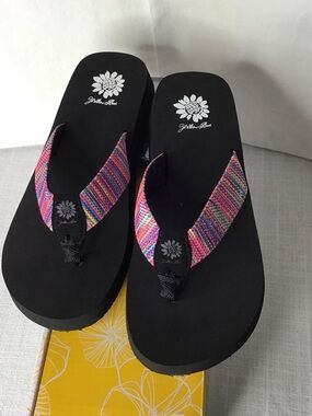 Yellow Box Black Platform Sandals with Multicolor Woven Straps